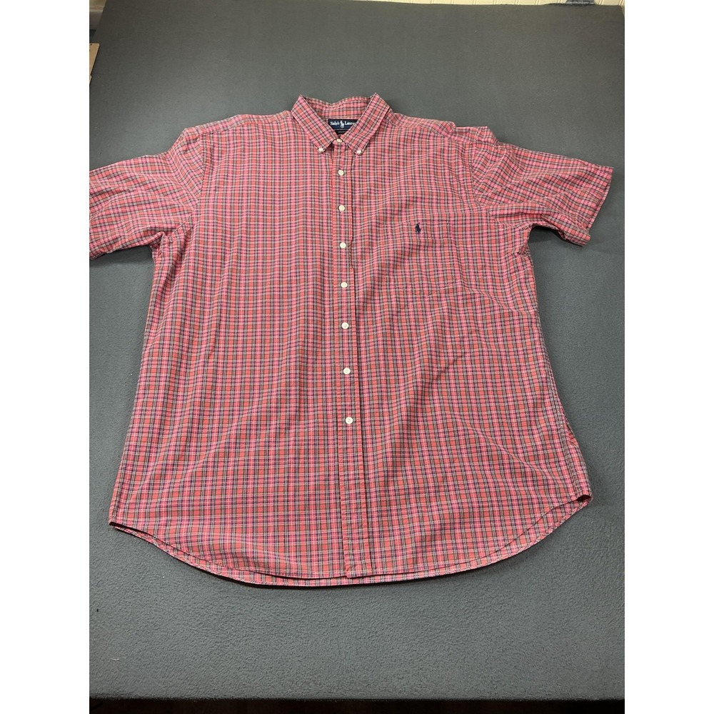 Ralph Lauren Shirt Mens 2XL Tall Red Plaid Button Front Short Sleeve Cotton Dad